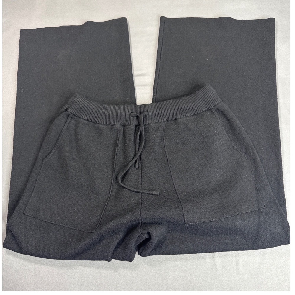 Zara Black Knit Wide Leg Drawstring Pants Ribbed Waistband XL Cozy Streetwear